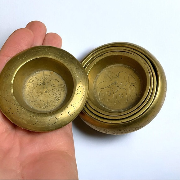 🌺5 Antique Chinese Brass Nesting Bowls/Cups - Picture 7 of 11